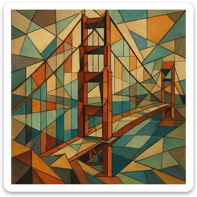 {
  "style_description": {
    "name": "Cubist Abstraction",
    "overall_look": "Deconstructed, multi-perspective abstraction with intersecting geometric planes",
    "composition": {
      "structure": "Fractured and fragmented shapes that overlap and intersect",
      "perspective": "Multiple simultaneous viewpoints, often distorted or rotated",
      "layout": "Asymmetrical, collage-like arrangement of visual elements"
    },
    "geometry": {
      "shapes": ["rectangles", "triangles", "trapezoids", "irregular polygons"],
      "edge_style": "hard, angular lines with minimal curves",
      "dimensionality": "flattened depth with layered planes"
    },
    "color": {
      "palette_type": "muted and earthy tones with occasional vivid accents",
      "application": "flat fills, overlapping transparencies, and color-blocked segments",
      "shading": "minimal or abstract, without realistic gradients"
    },
    "texture": {
      "use": "optional",
      "types": ["paper grain", "brushstroke pattern", "canvas roughness"],
      "purpose": "to evoke an analog, hand-rendered quality"
    },
    "subject_treatment": {
      "representation": "symbolic and abstract rather than literal",
      "distortion": "intentional exaggeration and fragmentation of form",
      "focus_on": ["structure", "form relationships", "compositional rhythm"]
    },
    "background": {
      "style": "integrated with subject forms",
      "purpose": "to emphasize the composition rather than isolate figures"
    },
    "render_constraints": {
      "avoid": ["realistic lighting", "photorealism", "perfect symmetry"],
      "encourage": ["overlapping shapes", "multi-angle views", "abstract composition"]
    }
  }
}

{subject} = golden gate bridge sticker