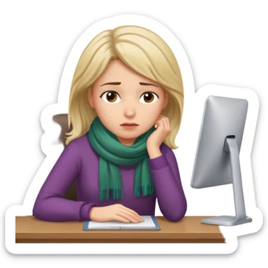 Person sitting at desk, looking tired, winter outside, woman  sticker
