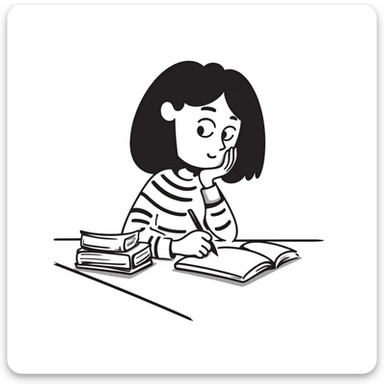 female student sitting at desk, taking notes, attentively listening to a lecture, focused expression sticker