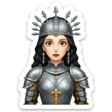 realistic cinematic actress Cher in baroque styling like Joan of Arc dirty damaged armor in a forest sticker
