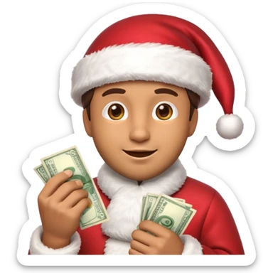 A confident rich emoji face wearing a Santa hat, money stacks, casino vibe, New Year theme, premium 3D emoji style, sharp details, no text, isolated on transparent background sticker