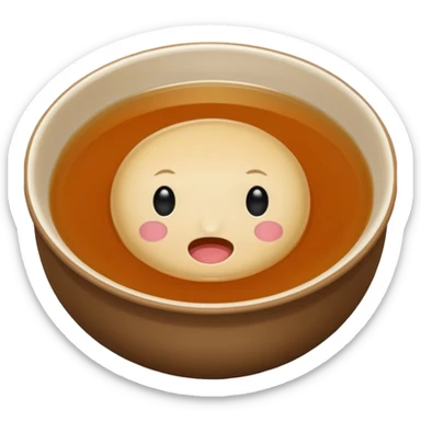 consommé in a plain bowl, clear brown soup, no face, emoji style sticker