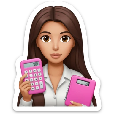 Hyper realistic kim kardashian with long straight brown hair holding a small pink calculator in her hand sticker