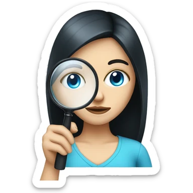 white girl with black hair and blue eyes holding a magnifying glasss sticker