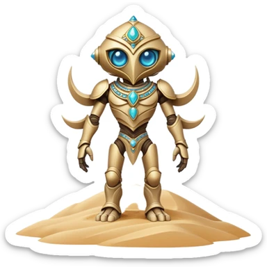 A guardian made of interlocking dunes that forms temporary bodies from compressed sand, adorned with gemstone eyes that change color to warn of approaching sandstorms or oasis locations. full body sticker