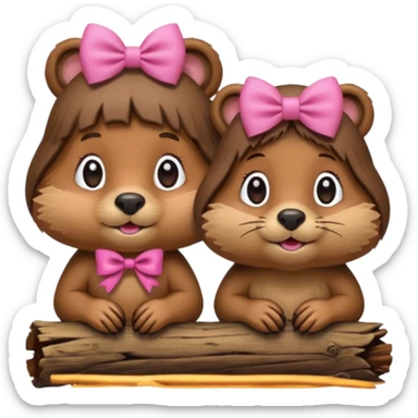 a girl beaver and a boy beaver on a log. give the girl beaver eyelashes and a bow on top of her head sticker