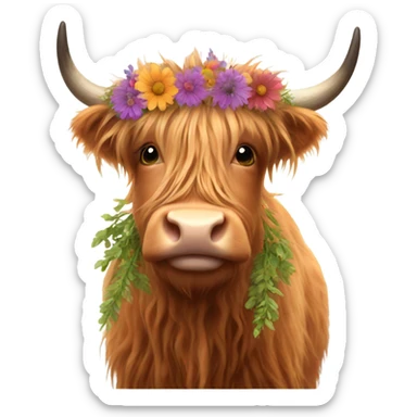 Highland cow with a flower wreath sticker
