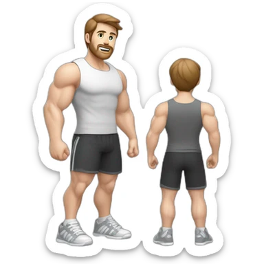 Full height realistic Actively gesturing with hands Pale skinned Fit Man With the biceps and brown hair in dark gray Sleeveless Mike, black oversize sports shorts, watch and white Sneakers sticker
