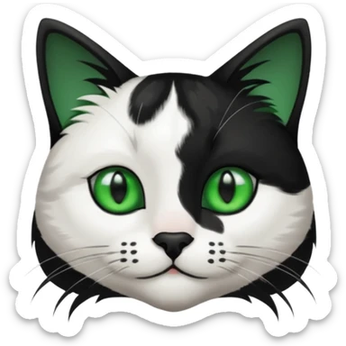 black and white long hair cat. green eyes. black nose. black splotch in the shape of a star near nose (on the right side). sticker
