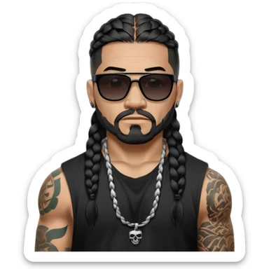 Remove hair from upper lip area.Samoan male. Facial hair on chin only.
No mustache hair, just chin.
Untucked loose fitting black t-shirt. 
long black braided hair.
very muscular.
Even More tattoos. 
Tough and menacing.
Dark black square sunglasses. sticker