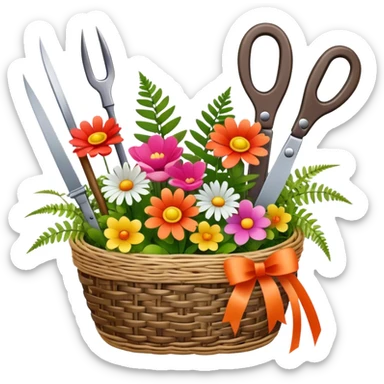 Icon for Floristry: a woven basket with flowers, reeds, ferns, bright ribbons and a small plush toy. Add big garden scissors and knife above. The icon should represent creativity in flower arrangement and decorative design. Transparent background. sticker