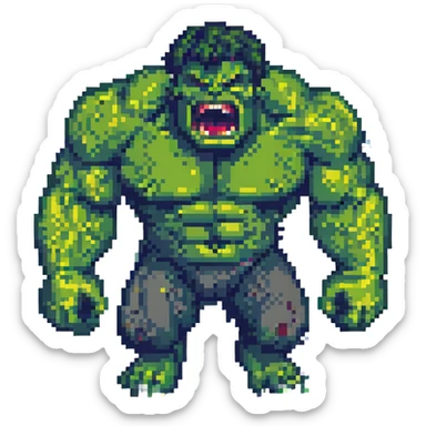 Add a pixel art city background behind Hulk roaring, keep the style consistent with pixel art style. sticker