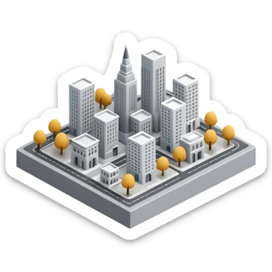 Icono 3D de una ciudad en miniatura. Estilo isométrico, renderizado 3D de alta calidad, texturas suaves y minimalistas (estilo clay render o plástico mate) sticker