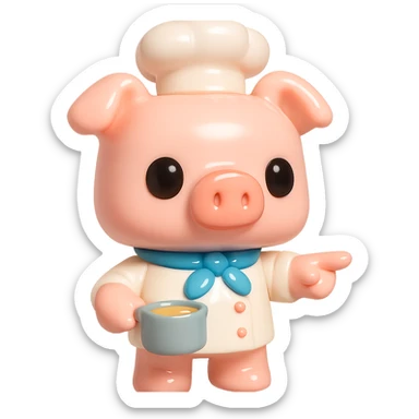 A Funko Pop-style pig chef pointing to the right, wearing a blue scarf and holding a cooking pot, cartoonish and cute. sticker