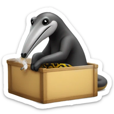 anteater in a box box, smoking a pipe with a python format sticker