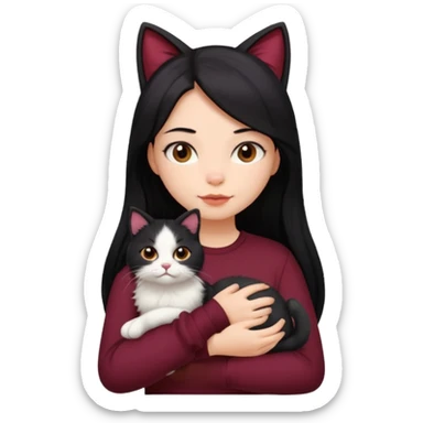 girl with long black hair, maroon shirt, holding a cat sticker
