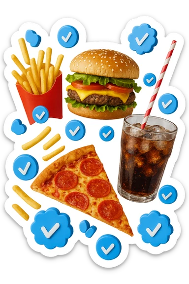 fast food realistico fluttua in aria insieme a spunte di verificato in 3d sticker