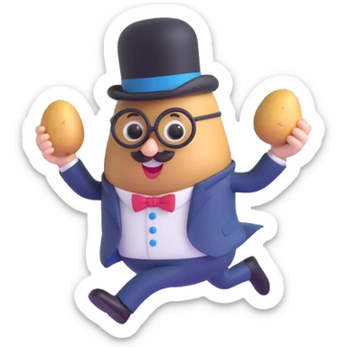 potato-shaped character, not human, wearing suit, monocle, and top hat, memoji style, running for president sticker