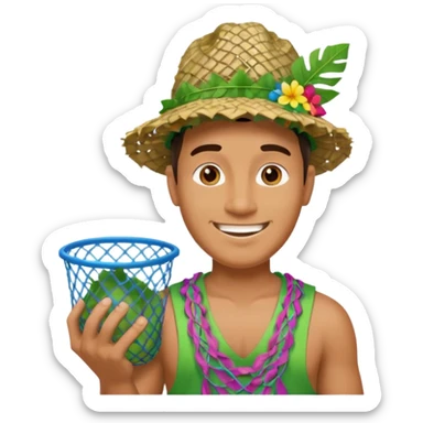 Hawaiian man with leaf hat and big trash net and colorful cloth sticker