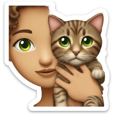 Dark brown curly haired girl with hazel eyes kissing a brown tabby cat with green eyes sticker
