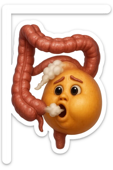 emoji stile iphone di un intestino che ingoia una nuvoletta di aria ben visibile e gli si gonfia la pancia, non fargli il naso, iperrealistico 4k sticker