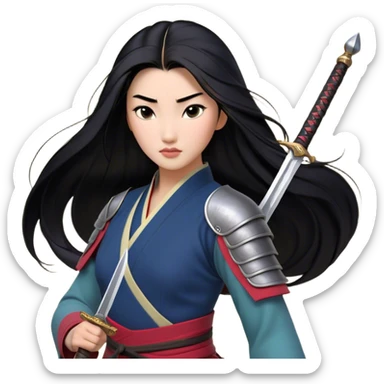 Cinematic Realistic Mulan Portrait, depicted with lifelike skin texture, soft natural lighting, and intricately detailed long black hair styled elegantly. Her deep, expressive eyes exude determination and grace, complemented by a serene yet confident expression. She stands with one hand resting on the hilt of her sword, the other by her side, exuding strength and poise. She is dressed in her classic attire, with rich fabric textures and delicate folds that catch the light beautifully. The portrait features a soft, enchanting glow with a natural, radiant finish, capturing the essence of timeless strength and beauty in a realistic and painterly style, evoking a sense of depth and authenticity. sticker