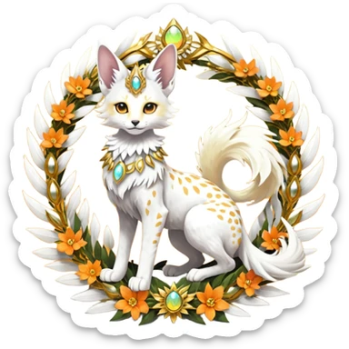 Epic complex fantasy glorious detailed futuristic divine godly angelic feathery sunny, white, albino, pastel, golden, orange glowing sparkly, realistic Fakémon-Sprigatito-Floragato-Meowscarada-Trico-Sergal-Serval-Solgaleo-Vernid-creature (full body) solarpunk, shiny sparkly with gold wreaths sticker
