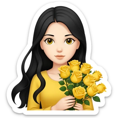 Beautiful girl with long black hair holding a bouquet of yellow roses sticker