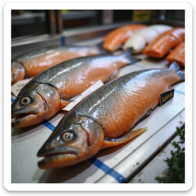 gray and orange salmon on a fish market counter, with tags indicating origin, realistic style, 4K resolution sticker