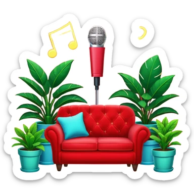 red velvet couch, stand microphone, houseplants, neon sign "karaoke" sticker