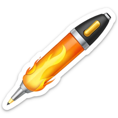a pen, with a fire coming out of the ballpoint writing end of it sticker