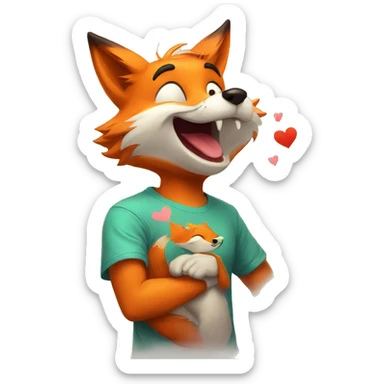 an anthropomorphic fox sending a kiss. The fox is wearing a colorful T-shirt and has a cheerful expression on his face. sticker