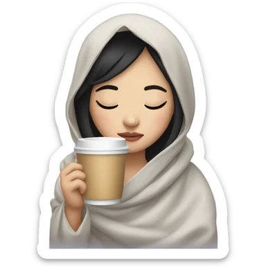 Asian girl inside a blanket sipping coffee eyes closed black hair sticker