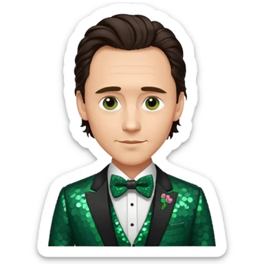 Tom Hiddleston with dark brown hair, dark green sequin suit with bow tie sticker