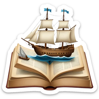 Collage for Reading Fiction: Cola large open book with pages turning into a sailing ship, with musketeers on horseback, and Sherlock Holmes with a magnifying glass standing nearby. The icon should evoke the adventure and romance of exploring fictional worlds. Transparent background sticker