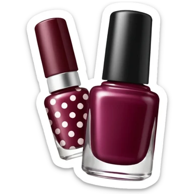 burgundy nail polish bottle, nail polish has light gold iridescence, cap is black with white polka dots, cinematic emoji sticker