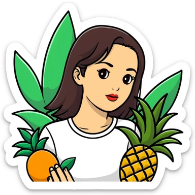 serene young woman with straight dark brown hair, full lips, almond-shaped brown eyes, surrounded by tropical plants, palm trees, pineapples, oranges, lush leaves, botanical illustration style, soft lighting, vibrant colors, sticker-like white outline sticker
