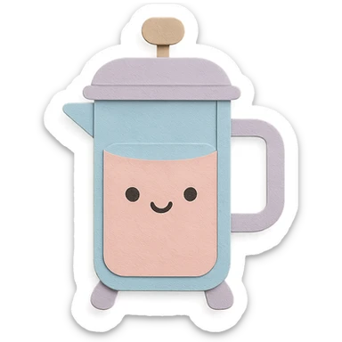 adorable French press with cute face, soft pastel tones, full body, hand-drawn paper craft style sticker