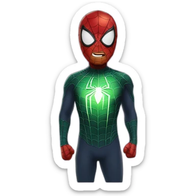 a man in a spider-man costume, but instead of a head there is a glowing light bulb sticker