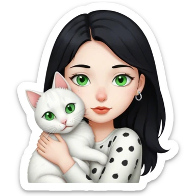 girl with black hair, green eyes, nose piercing, lip piercing hugs white cat with gray spots on head sticker
