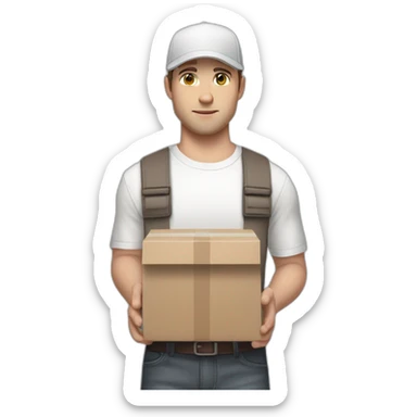 Pale skinned fit Man with dark brown hair in a light gray cap, dark brown jeans, brown polo and white T-shirt keeping a pasted with tape white box into his hands sticker