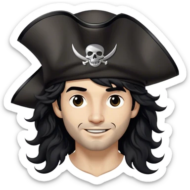 A charismatic pirate with wavy black hair tousled by the breeze. His silver-embroidered tricorn hat casts a shadow. He turns slightly, dark eyes glinting with mischief as he looks to the side, a knowing smile on his lips sticker