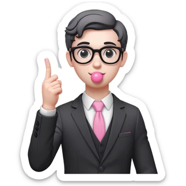 Aesthetic, greek urban sculpture, nerd, aesthetic greek sculpture young nerd, white nerd sculpture character, black suit, gray background, chewing a ball of pink gum, raising the index finger upwards sticker