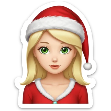 Gorgeous sexy green eyed blonde in a red dress wearing a Santa hat sticker