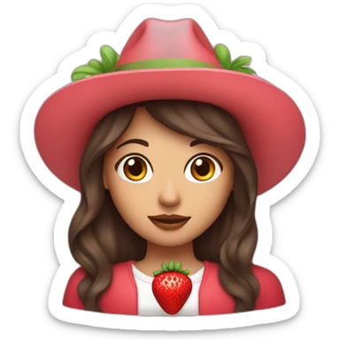 Brunette girl with long wolf cut hair and strawberry hat sticker