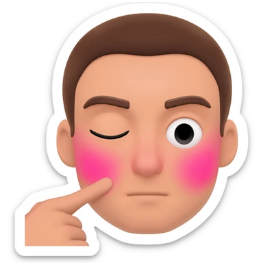 Classic iPhone emoji, blushed smile hitting a single finger with 1 eye open and one eye closed clearly flustered sticker
