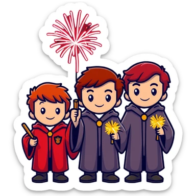 Fred and George Weasley with matching red hair and Gryffindor wizard robes, holding fireworks sticker