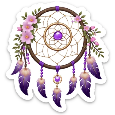 A white-wooden-circle-framed Dreamcatcher, with purple-round-orb-stones, gold-ring-accents, purple tint flowers, pink sakura flowers, sticker
