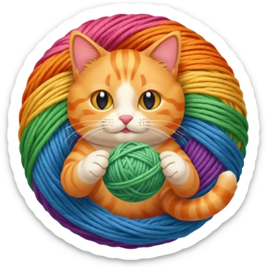 An orange kitty playing with a rainbow ball of yarn sticker