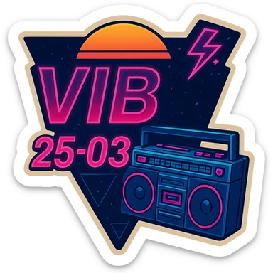 Remove the Rubik's cube and focus on a large cassette player boombox as the main retro element for the VIBE25-03 logo. Maintain the neon synthwave style and vibrant colors with no background, transparent background. sticker